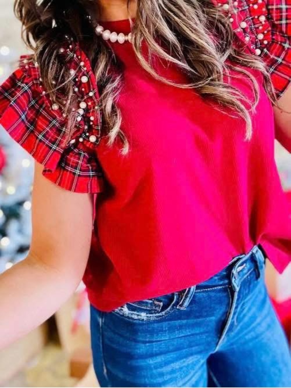 Red Ruffle Sleeve Top with Plaid/Pearl Detail